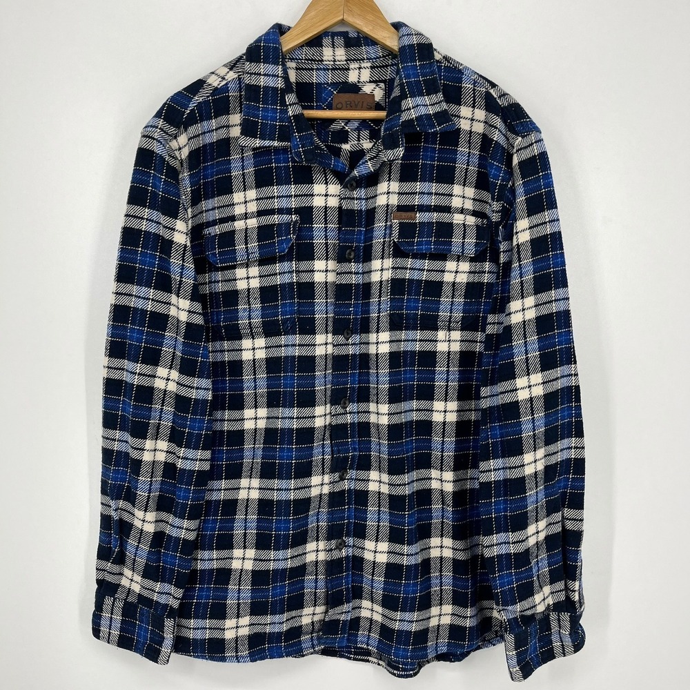 Orvis Classic Collection Mens Blue White Plaid 100% Cotton Flannel Shirt L
